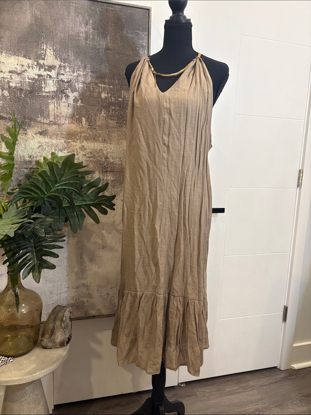 Avenue Beige Halter Ruffle-Hem Maxi Dress